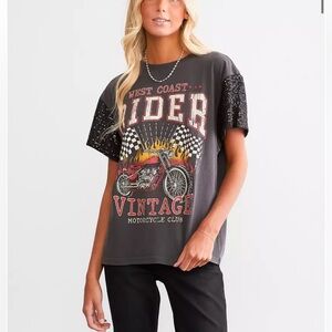 Goodie Two Sleeves Vintage Motorcycle Graphic Tee with Sequin Sleeves Medium